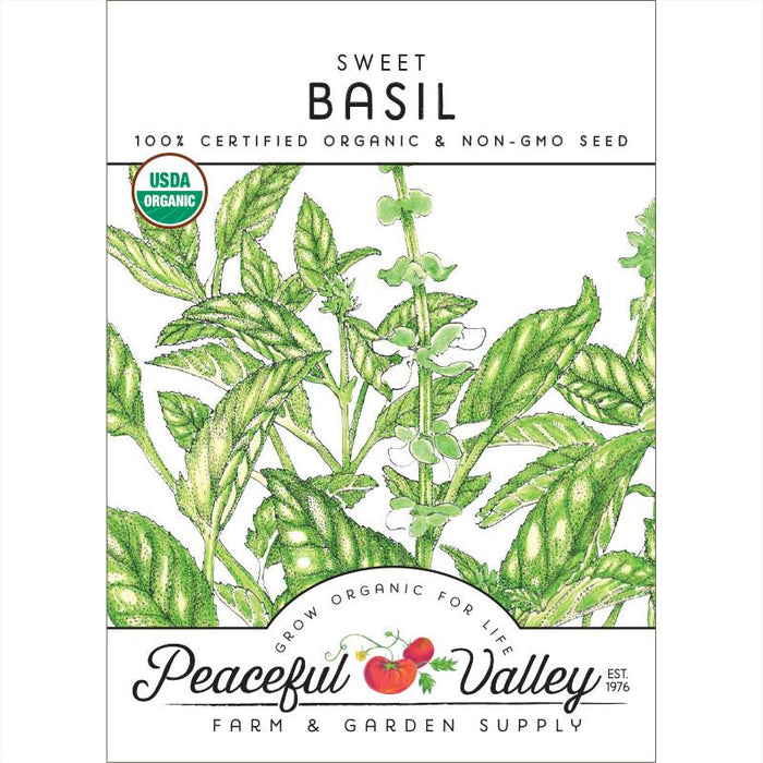 Sweet Basil organic non-GMO seed packet. USDA certified basil plant illustration by Peaceful Valley.