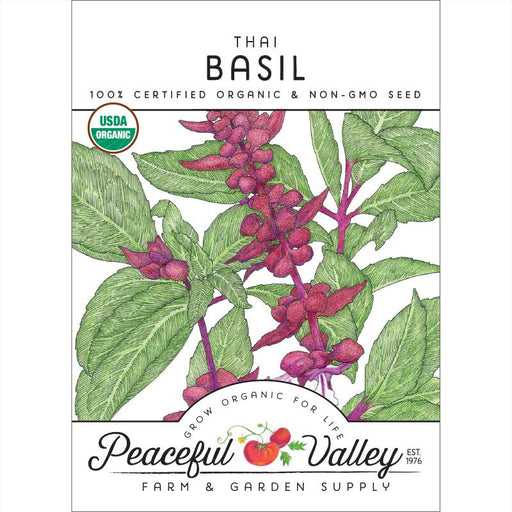 Peaceful Valley Thai Basil organic non-GMO seed packet. USDA certified herb with green leaves and purple flowers.