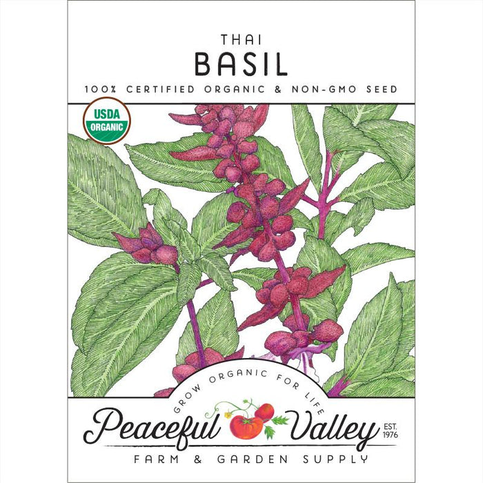 Peaceful Valley Thai Basil organic non-GMO seed packet. USDA certified herb with green leaves and purple flowers.