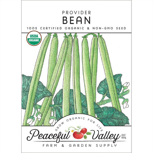 Provider Bean 100% Certified Organic Non-GMO seed packet. Green bean illustration, Peaceful Valley Farm & Garden Supply.