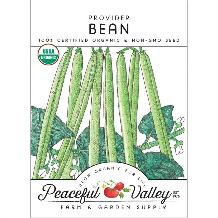 Provider Bean 100% Certified Organic Non-GMO seed packet. Green bean illustration, Peaceful Valley Farm & Garden Supply.