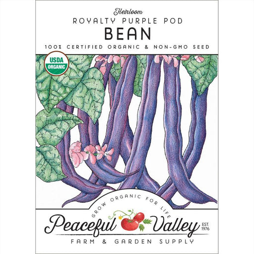 Heirloom Royalty Purple Pod Bean organic seeds. Deep purple beans, green foliage, pink flowers. USDA Organic, Non-GMO seed packet.
