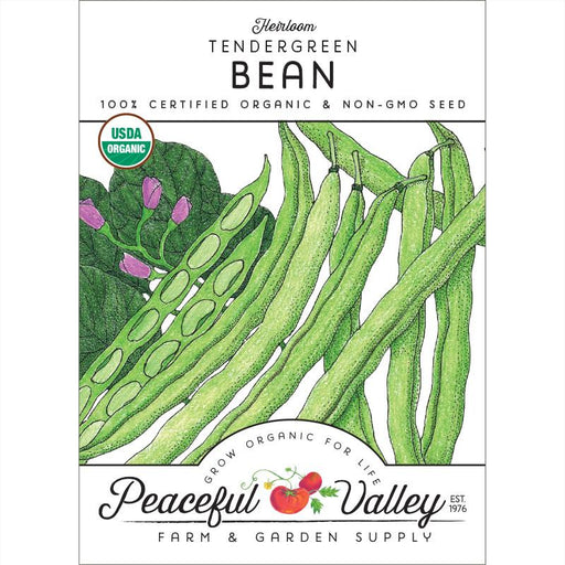 Heirloom Tendergreen Bean organic non-GMO seed packet. Features green bean pods, seeds, and purple flowers from Peaceful Valley.