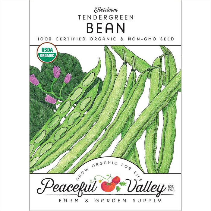 Heirloom Tendergreen Bean organic non-GMO seed packet. Features green bean pods, seeds, and purple flowers from Peaceful Valley.