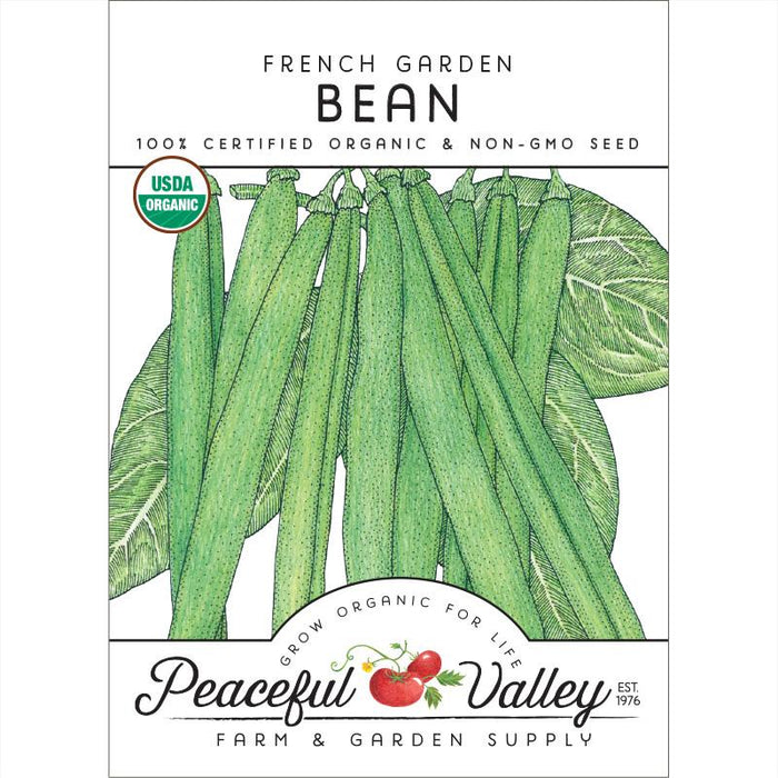 Organic French Garden Bean seed packet by Peaceful Valley. Non-GMO green beans illustration, USDA certified.
