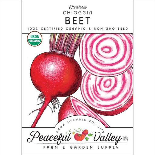 Organic Heirloom Chioggia Beet seeds. Whole and sliced beets with red and white candy stripe rings. USDA certified.