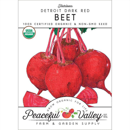 Detroit Dark Red Beet heirloom organic non-GMO seed packet. USDA Organic beets with greens.