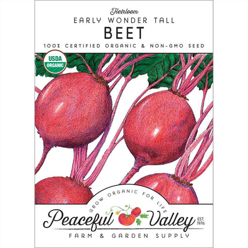 Heirloom Early Wonder Tall organic beet seeds packet. Illustration of vibrant red beets with green leaves. USDA Certified.