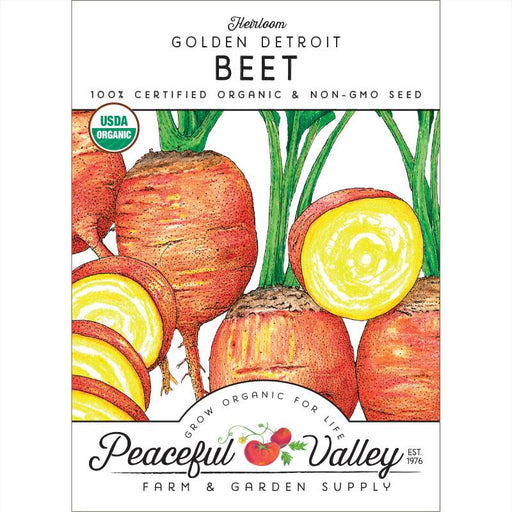 Organic Heirloom Golden Detroit Beet seeds. Non-GMO seed packet with whole and sliced yellow beets, USDA certified.