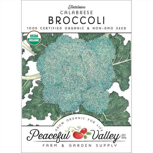 Heirloom Calabrese Broccoli organic seed packet from Peaceful Valley. USDA Certified Organic, non-GMO vegetable seeds for gardening.
