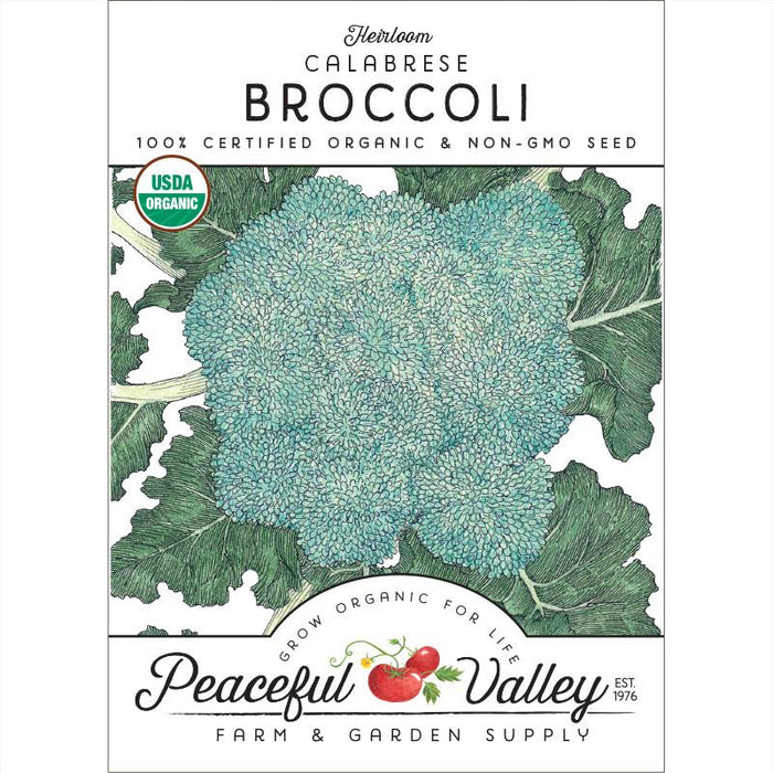Heirloom Calabrese Broccoli organic seed packet from Peaceful Valley. USDA Certified Organic, non-GMO vegetable seeds for gardening.