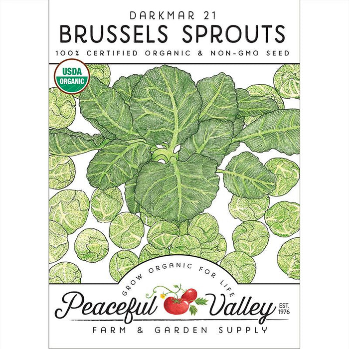 Darkmar 21 organic Brussels Sprouts seed packet. USDA Certified Organic, non-GMO seeds from Peaceful Valley.