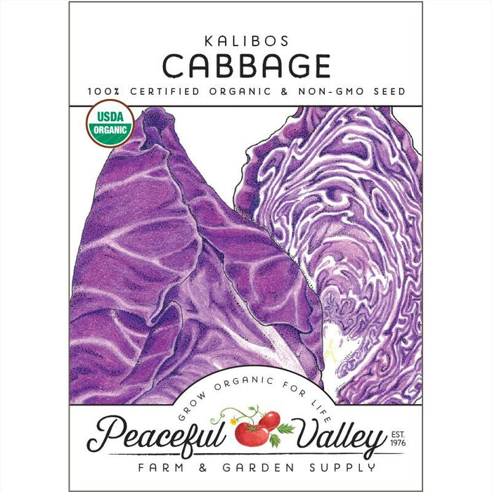 Kalibos Red Cabbage organic non-GMO seed packet from Peaceful Valley. USDA certified purple cabbage seeds.