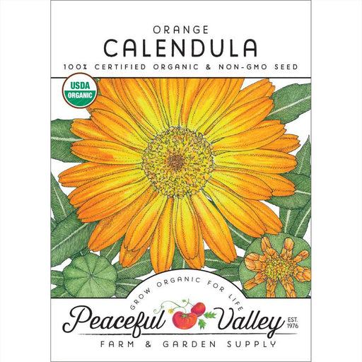 Vibrant orange Calendula flower seed packet. USDA organic, 100% certified non-GMO seeds from Peaceful Valley.