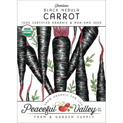 Heirloom Black Nebula Carrot seeds, USDA organic, non-GMO. Illustrated black carrots with red cores. Peaceful Valley Farm & Garden Supply.