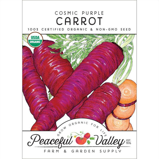 Cosmic Purple Carrot organic non-GMO seed packet. Features purple carrots with green tops and sliced orange carrots. USDA Organic.