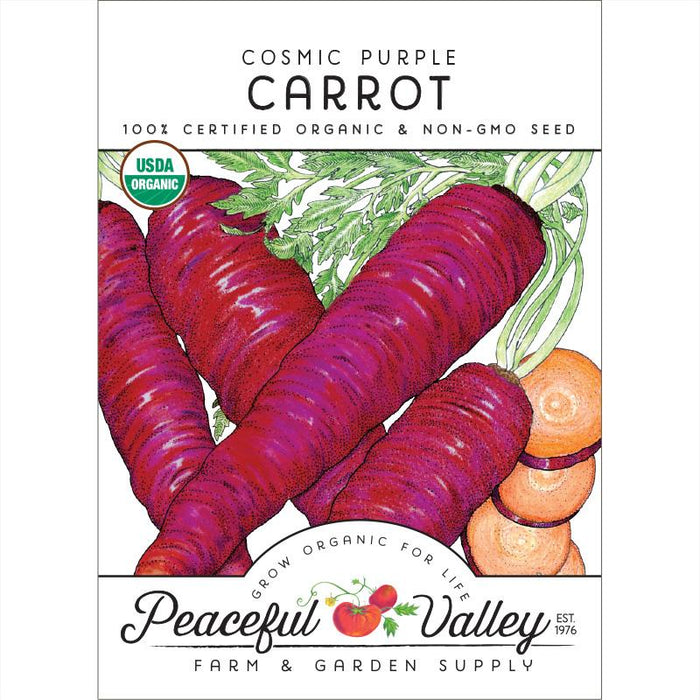 Cosmic Purple Carrot organic non-GMO seed packet. Features purple carrots with green tops and sliced orange carrots. USDA Organic.