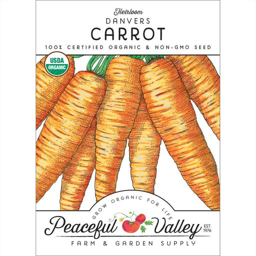 Organic Heirloom Danvers Carrot seed packet, non-GMO, with USDA seal and fresh carrot illustration. Peaceful Valley.