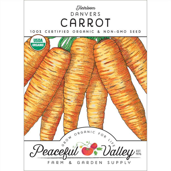 Organic Heirloom Danvers Carrot seed packet, non-GMO, with USDA seal and fresh carrot illustration. Peaceful Valley.