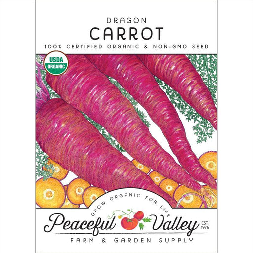 Dragon Carrot organic non-GMO seed packet. Features long purple carrots and USDA Organic certification.
