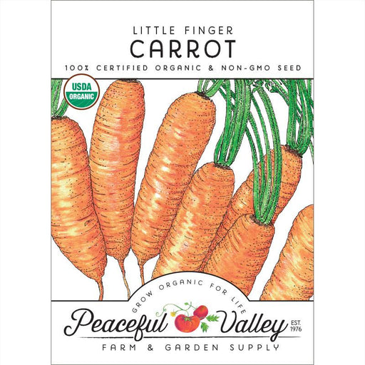 Little Finger Carrot organic non-GMO seed packet from Peaceful Valley. Features USDA Organic logo & orange carrots.
