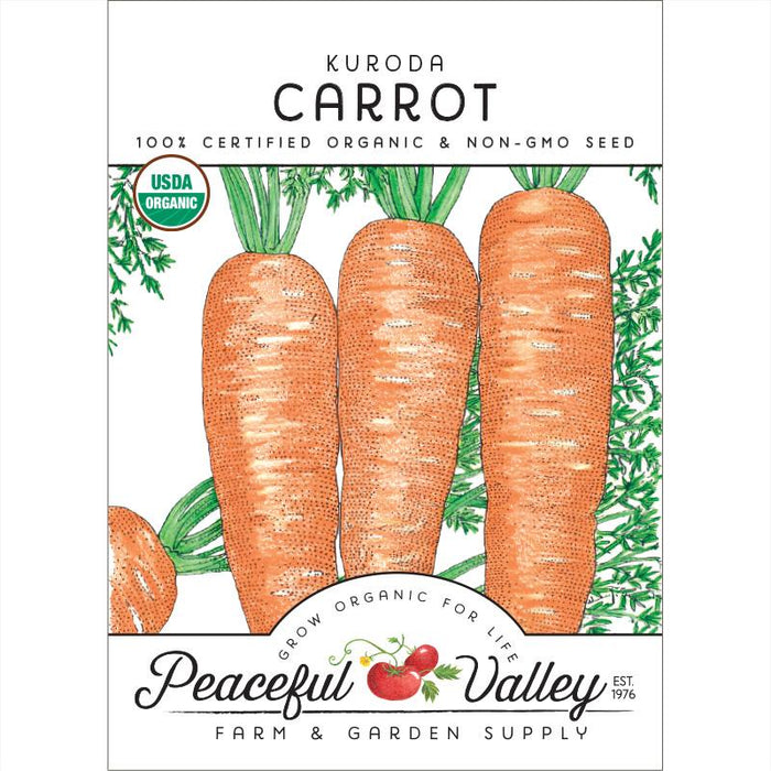 Kuroda Carrot organic non-GMO seed packet with three vibrant orange carrots. USDA Certified Organic for gardening.