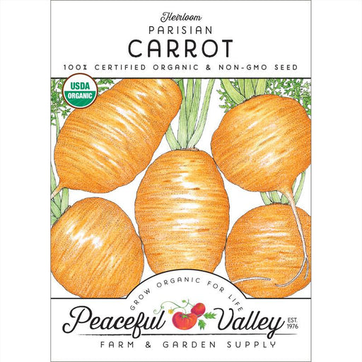 Heirloom Parisian Carrot organic non-GMO seed packet with round orange carrots. USDA Organic certified for gardening.