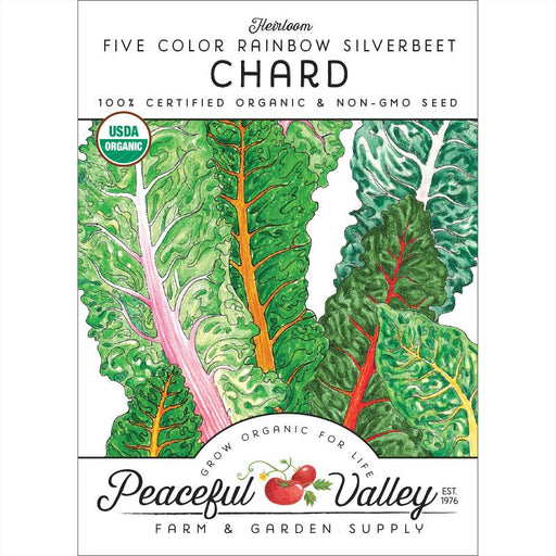 Heirloom Rainbow Silverbeet Chard organic seed packet. Colorful chard leaves, USDA Organic, Non-GMO vegetable seeds.