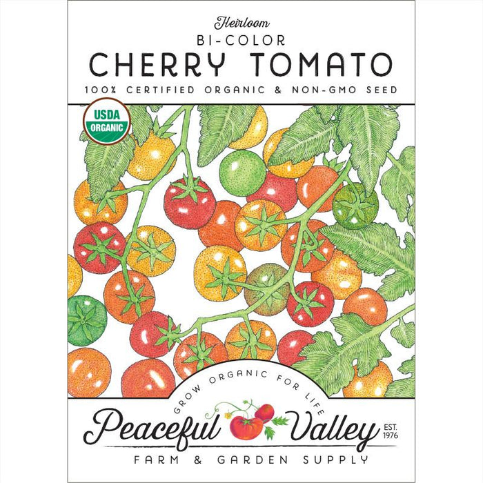 Peaceful Valley Heirloom Bi-Color Cherry Tomato seed packet. USDA organic, non-GMO, colorful vine tomatoes.