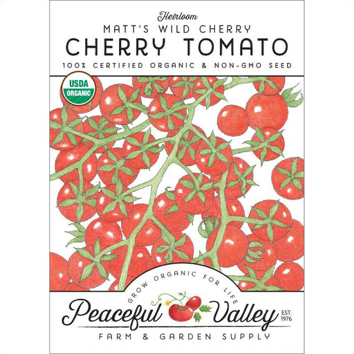 Heirloom Matt's Wild Cherry Tomato organic non-GMO seed packet. USDA Organic. Red tomatoes on vines. Peaceful Valley.