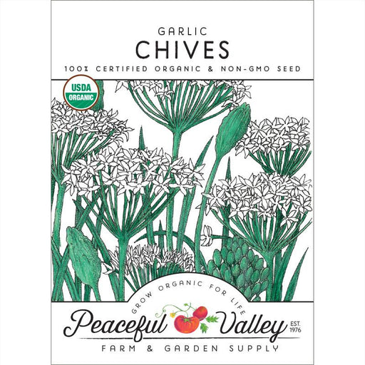 Peaceful Valley Garlic Chives seed packet. USDA Organic, Non-GMO certified. Green chive plants with white flowers.