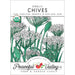 Peaceful Valley Garlic Chives seed packet. USDA Organic, Non-GMO certified. Green chive plants with white flowers.