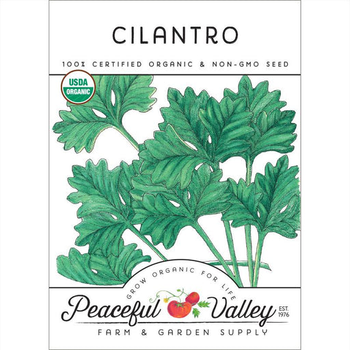 Organic cilantro seeds, USDA certified non-GMO. Peaceful Valley Farm & Garden Supply herb seed packet.