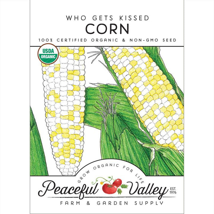 Organic "Who Gets Kissed Corn" seed packet. Yellow and white sweet corn illustration, USDA Organic, non-GMO seeds from Peaceful Valley.