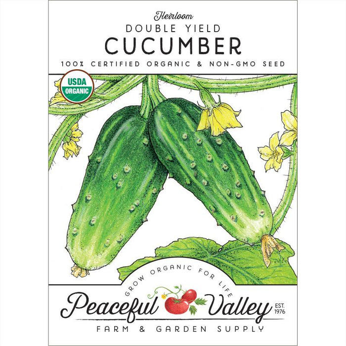 Heirloom Double Yield Cucumber organic & non-GMO seed packet. Two green cucumbers, yellow flowers, USDA Organic logo.
