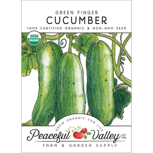 Green Finger Cucumber organic non-GMO seed packet. Three fresh green cucumbers on a vine from Peaceful Valley Farm & Garden Supply.