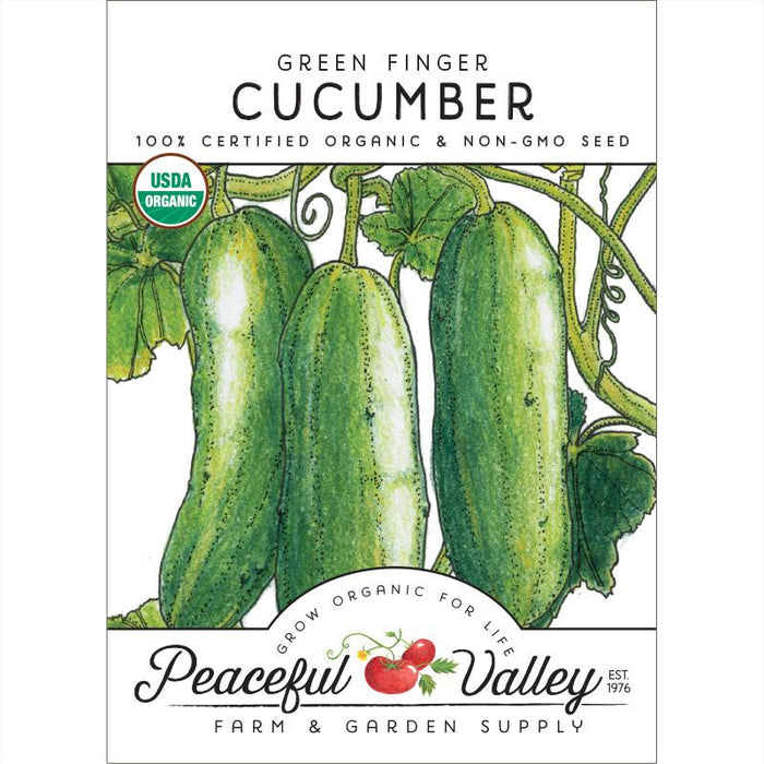 Green Finger Cucumber organic non-GMO seed packet. Three fresh green cucumbers on a vine from Peaceful Valley Farm & Garden Supply.