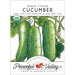 Green Finger Cucumber organic non-GMO seed packet. Three fresh green cucumbers on a vine from Peaceful Valley Farm & Garden Supply.