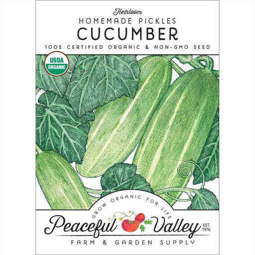 Heirloom organic cucumber seed packet for homemade pickles. USDA certified non-GMO garden seeds from Peaceful Valley.