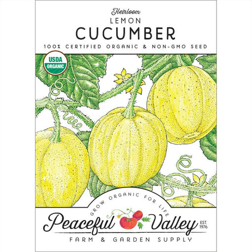 Peaceful Valley Heirloom Lemon Cucumber organic non-GMO seed packet. Yellow cucumbers on vine with leaves.