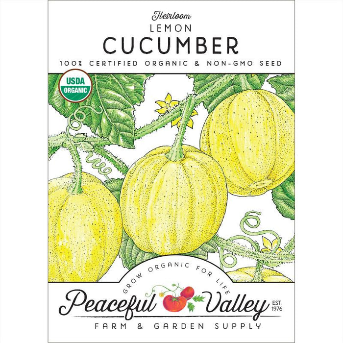 Peaceful Valley Heirloom Lemon Cucumber organic non-GMO seed packet. Yellow cucumbers on vine with leaves.