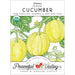 Peaceful Valley Heirloom Lemon Cucumber organic non-GMO seed packet. Yellow cucumbers on vine with leaves.