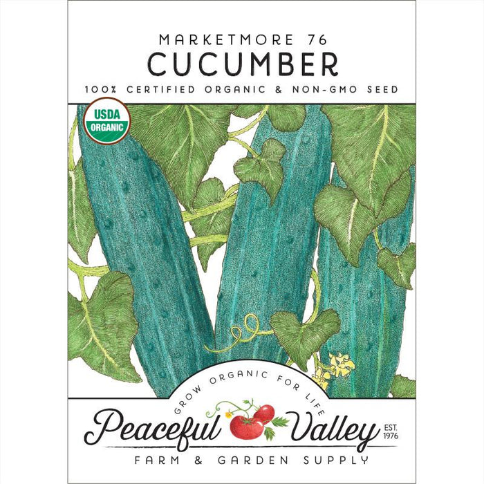 Marketmore 76 Organic Cucumber seed packet. USDA certified, non-GMO seeds from Peaceful Valley Farm & Garden Supply.
