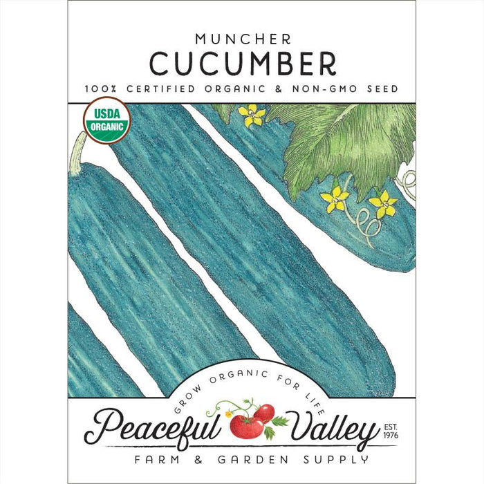 Muncher Cucumber organic non-GMO seed packet. USDA Certified. Green cucumbers, yellow flowers. Peaceful Valley Farm & Garden Supply.