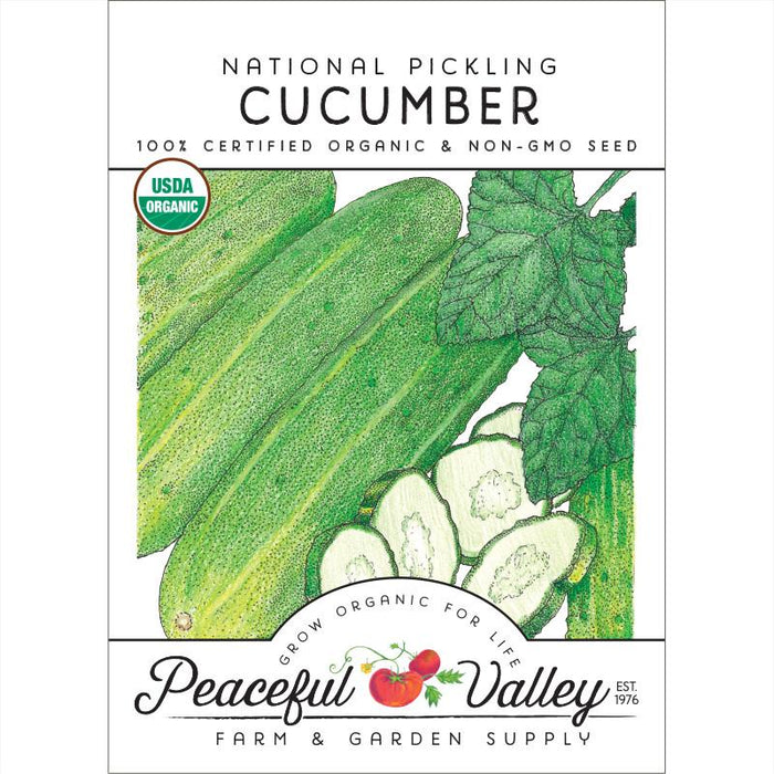 National Pickling Cucumber organic non-GMO seed packet. Whole & sliced green cucumbers, leaves. USDA Organic, Peaceful Valley.