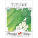 National Pickling Cucumber organic non-GMO seed packet. Whole & sliced green cucumbers, leaves. USDA Organic, Peaceful Valley.