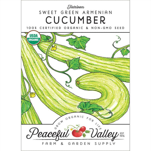 Heirloom Sweet Green Armenian Cucumber organic seed packet. Features long green cucumbers, vines, USDA Organic seal.