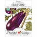Heirloom Black Beauty Eggplant seeds packet. Certified organic, non-GMO. Dark purple eggplant illustration, USDA Organic. Peaceful Valley.