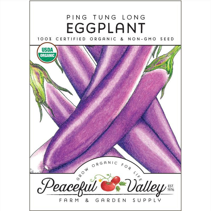 Ping Tung Long Eggplant organic non-GMO seeds packet. Long purple eggplants, USDA certified organic for gardening.
