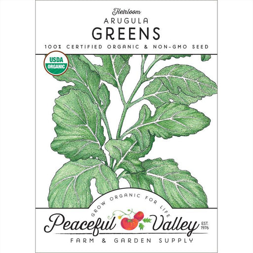 Organic Heirloom Arugula Greens seed packet. USDA certified, non-GMO. Features arugula plant illustration & Peaceful Valley logo.